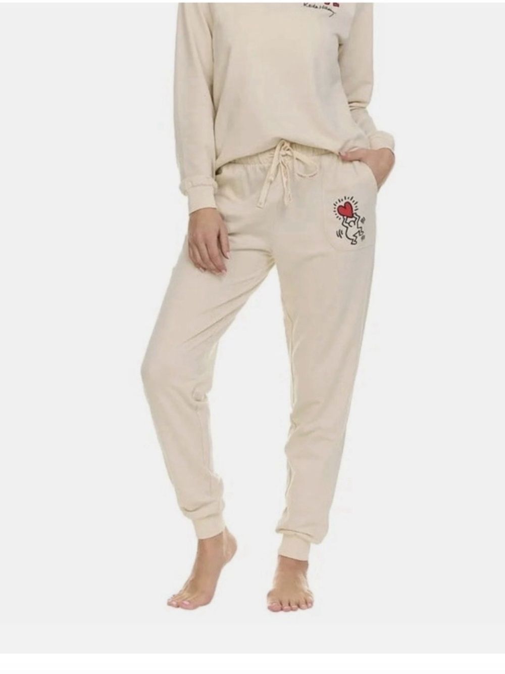 Keith Haring Cream Heart Graphic Fleece Jogger Sweatpants Women's M